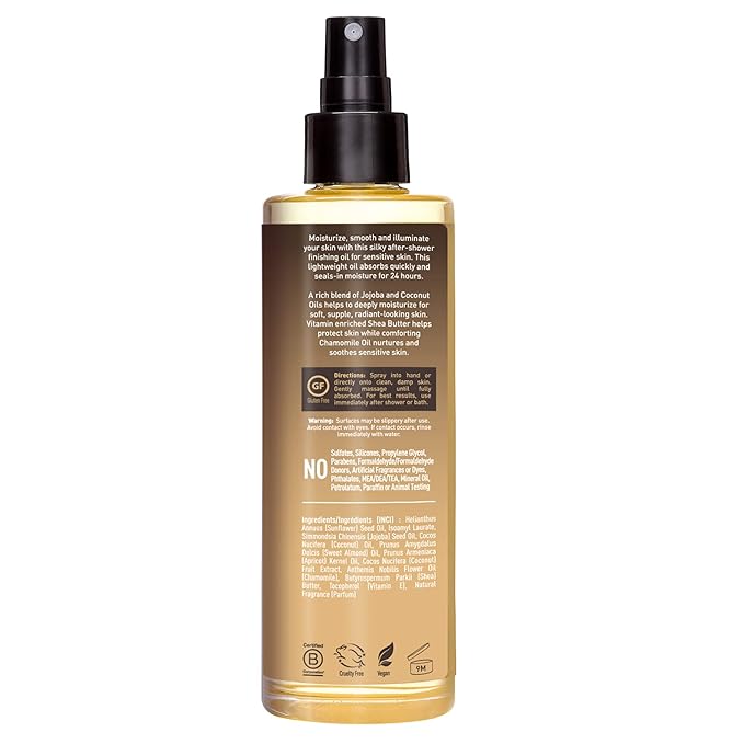 Desert Essence Body Oil Spray – 8.28 fl oz | Jojoba, Coconut & Chamomile | 24-Hour Moisture for Dry Skin | Lightweight After-Shower Oil | Vegan, Cruelty-Free, B-Corp, Made in USA