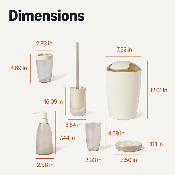 Amazon Basics 6 Pieces Bath Coordinate Set with Toothbrush Holder, Soap Dispenser and Soap Dish, Toothbrush Cup, Trash Can and Toilet Brush & Holder, Ivory