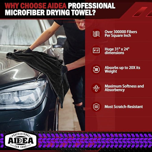 AIDEA Microfiber Towels for Cars-2PK, Large Professional Car Drying Towel, Scratch-Free & Absorbent Drying Towel for Cars, SUVs, RVs, Trucks, and Boats, 24inx 31in, Black