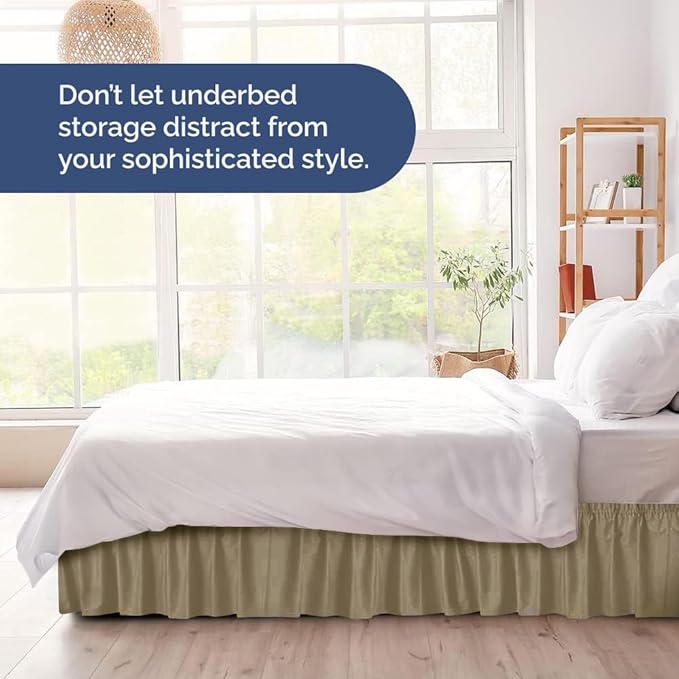 Wrap Around Dust Ruffle Bed Skirt - Khaki - Twin/Twin XL Size Beds w/ 12 Inch Drop - Easy Fit Elastic Strap - Adjustable Pleated Bedskirt w/Brushed Fabric - Wrinkle Free - Women, Men, Kids & Teens