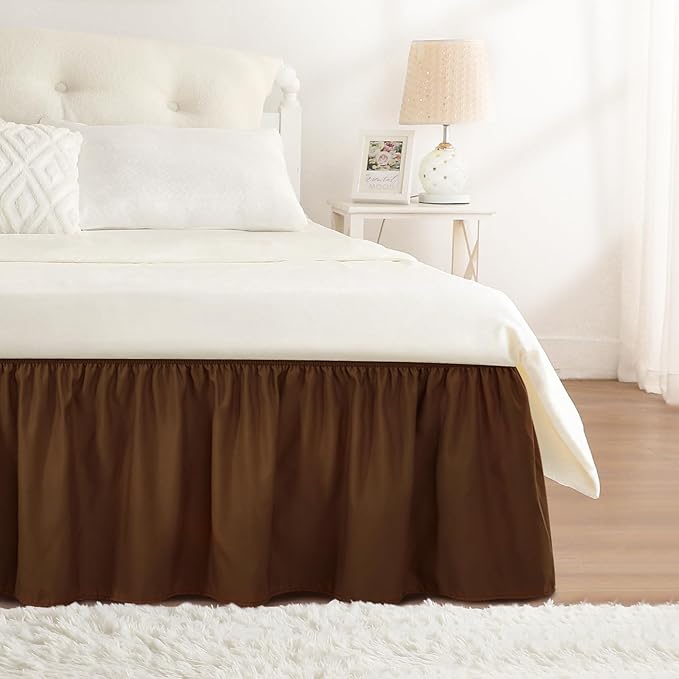 RIMELA Bed Skirt Queen Size 15 Inch Drop, Elastic Bed Skirting for Bed Base and Frame, Bedding Dust Ruffle Easy to Install, Wrap Around Adjustable Bedskirt, Chocolate Brown