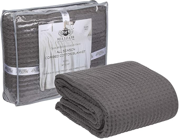 HILLFAIR 100% Combed Cotton Blanket– King Size Bed Blankets– Warm Soft All Season Breathable Lightweight Summer Blankets– Waffle Weave Home Decor Bed Blanket- Grey King Bed Cotton Blankets/Bedcovers