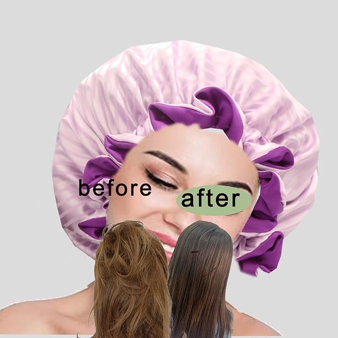 Satin bonnet 2Pcs silk hair bonnet cap for women reversible for sleeping Adjustable Night sleep cap for curly natural hair double-layer Washable Can Be Used Shower (Pink &Purple stripe)