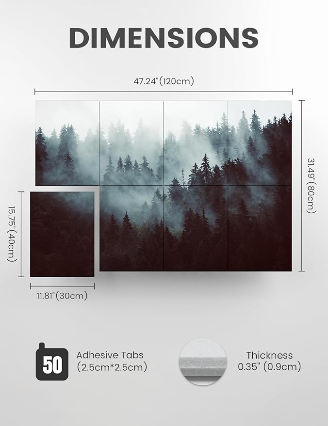 Wall Art Acoustic Panels,47''X31''Soundproof Wall Panels-8-Pack with 50 Adhesive Tabs, Panels for Living Room and Recording Studio, Offices-Foggy Nature Forest