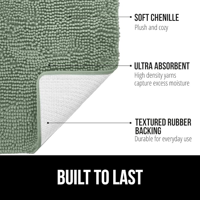 GORILLA GRIP Bath Rug Mat 48x24, Soft Absorbent Chenille, Quick Dry Microfiber Mats, Rubber Backing Washable Shower Floor Rugs, Bathmat Runner, US Designed Bathroom Home Decor Accessories Sage Green