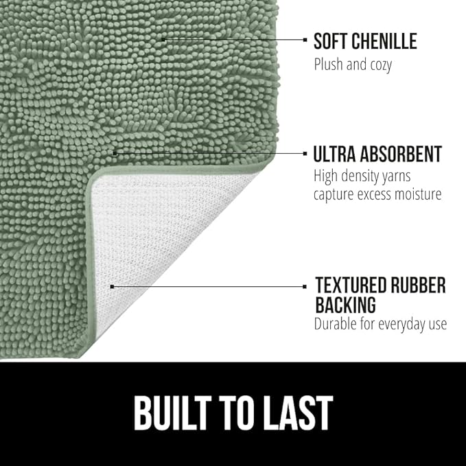 GORILLA GRIP Bath Rug Mat 44x26, Soft Absorbent Chenille, Quick Dry Microfiber Mats, Rubber Backing Washable Shower Floor Rugs, Bathmat Runner, US Designed Bathroom Home Decor Accessories Sage Green