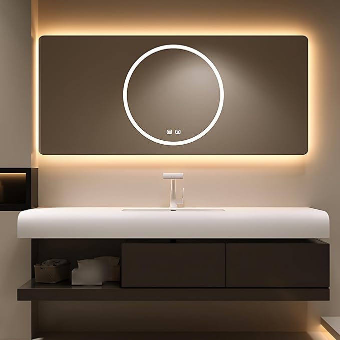 72IN Bathroom Vanity with Sink - Bathroom Cabinet Set has 2 Drawers & Overflow Hole Wall Mounted | LED Practical Defogging Mirror, Open Compartments, Seamless Rock Slab Basin (Coffee)