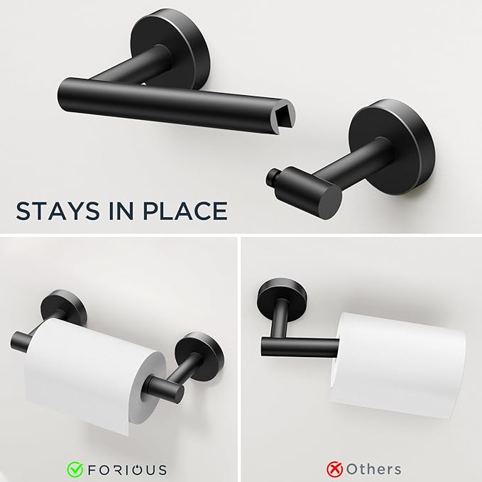 FORIOUS Matte Black Toilet Paper Holder Wall Mount, SUS304 Stainless Steel Double Post Pivoting Tissue Roll Holder and Hand Towel Ring Set for Bathroom, RV, Bathroom Hardware Accessories Set