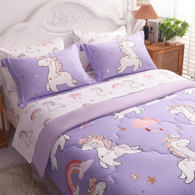 Wajade Kids Purple Unicorn Comforter Set Bed in A Bag Full Size 7 Piece Cute Unicorn Rainbow Clouds Bedding Set for Girls (1 Comforter, 1 Flat Sheet, 1 Fitted Sheet, 2 Pillowcase and 2 Pillow Sham)