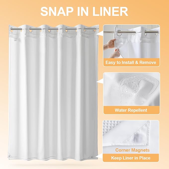 River Dream Long Cotton Blend No Hooks Needed Shower Curtain with Snap in Liner, Water Repellent, Hotel Grade, White, 71"x78"