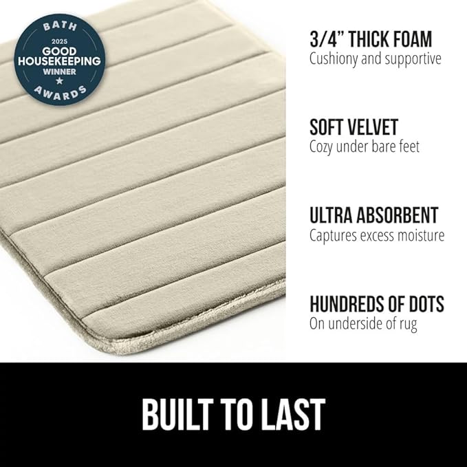 GORILLA GRIP Memory Foam Bath Mat, Soft Absorbent US Designed Bathroom Rug, Gripping Dots Machine Washable Bathmat, Cushioned Floor Mats, Shower Sink Rugs Room Décor Accessories, 30x20 Champagne