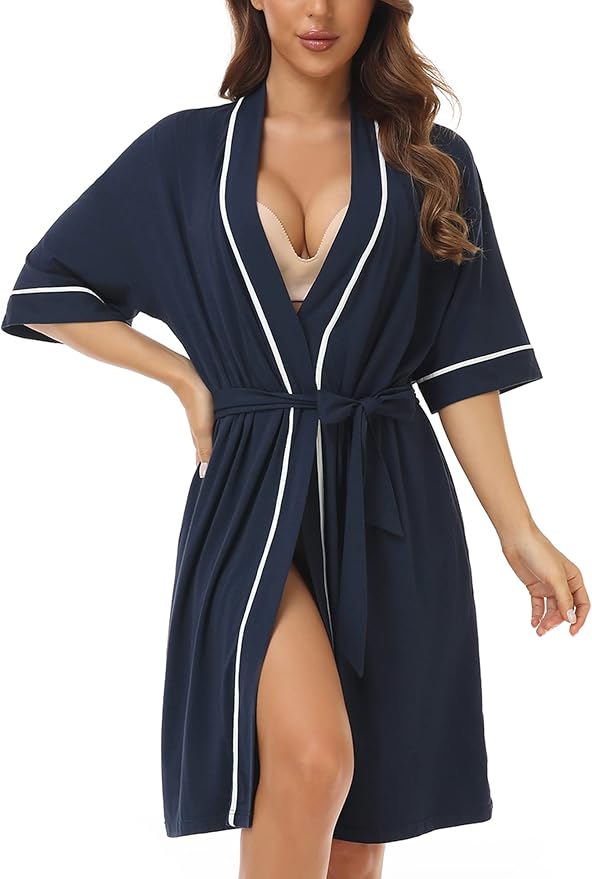 COLORFULLEAF Womens Bamboo Short Robes Lightweight Kimono Cotton Robe Soft Knit Bathrobe Ladies Loungewear with Pockets