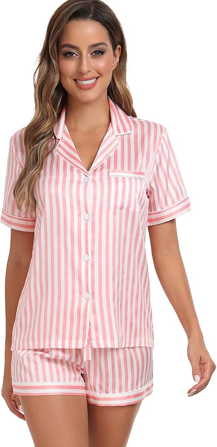 Women's Satin Pajama Set 2-Piece Sleepwear Loungewear Button Down Short Sleeve Silky PJ Set
