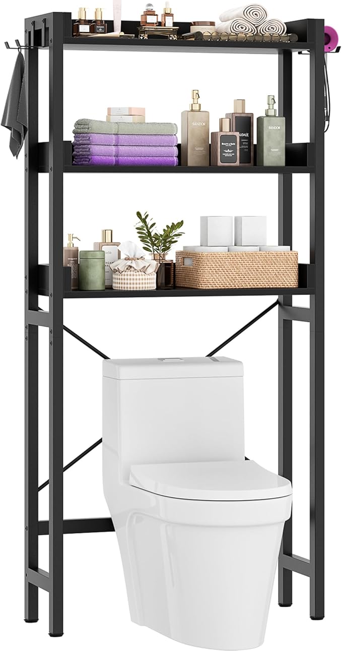 Over The Toilet Storage Rack - 3 Tier Bathroom Organizer with Shelves, Freestanding Space Saver Storage Rack Above Toilet Stand with 4 Hooks for Restroom, Laundry, Black