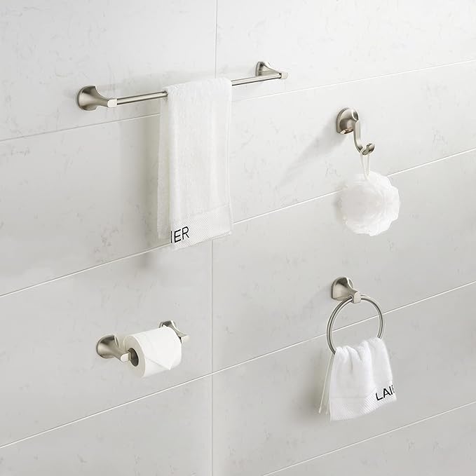 BGL Bathroom Hardware Set Brushed Nickel Adjustable Expandable Towel Bar 4-Piece Bathroom Accessory Set Wall Mounted Robe Hook Toilet Paper Holder Towel Ring Towel Bar