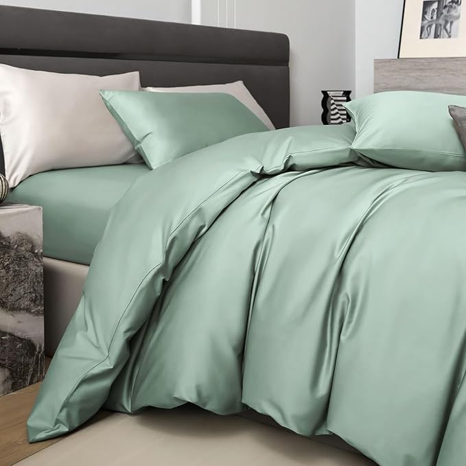 PURE ERA Duvet Cover Set 800 Thread Count Long Staple Cotton Sateen Silky Soft Luxurious Smooth 3 Piece Set Light Sage Green Queen