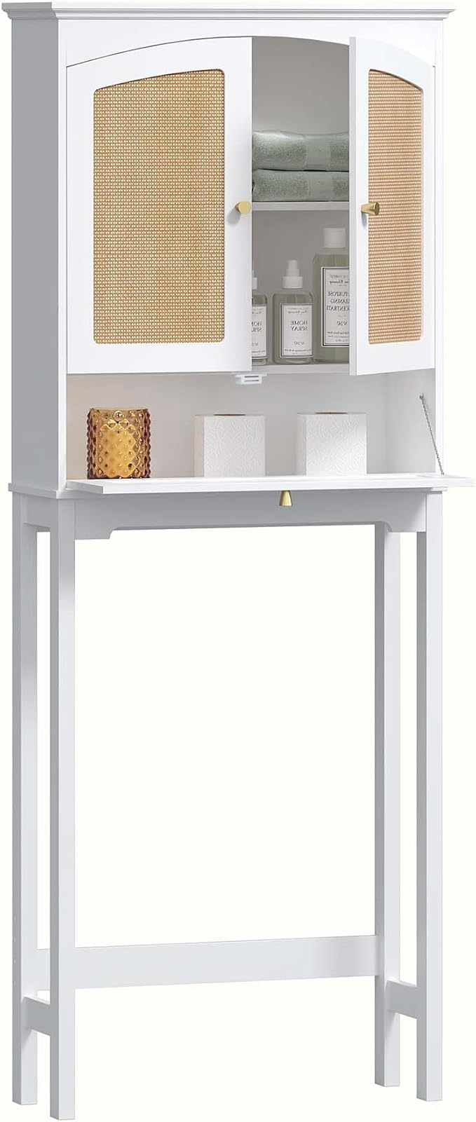 Spirich Over The Toilet Storage Cabinet with Rattan Doors, Over Toilet Bathroom Organizer with Tilt-Out Cube and Adjustable Shelf