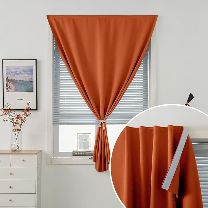 Self Adhesive Curtains Portable Blackout Curtain Simple and Easy to Install Bedroom Window Thermal Lnsulated Kitchen Room Darkening Black Small Drapes, 59" W X 59" L, Orange, 1 Panel
