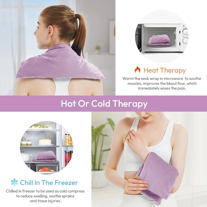Microwavable Heating Pad with Washable Cover, 8 x 18 Microwave Heating Pad for Neck and Shoulders, Moist Heat Bean Bag Warm Compress for Knee, Joints, Wrist, Abdomen (Purple)