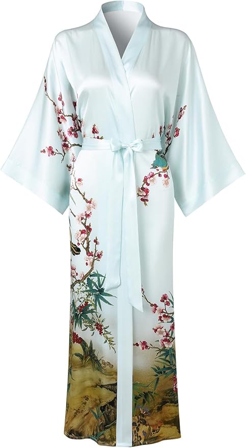Women's Silk Kimono Robe Long Bathrobe Nightgown 100% Mulberry Silk for Women - Classic Floral Pattern