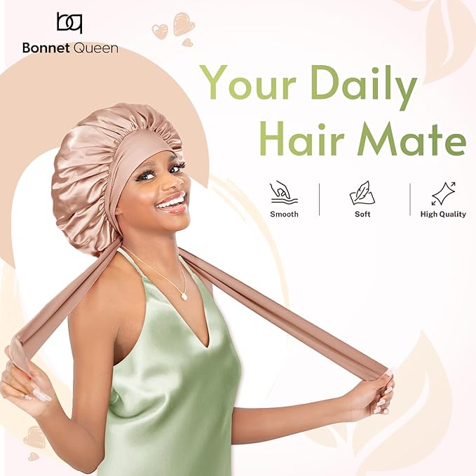 BONNET QUEEN 2Pcs Pack Silk Bonnet for Sleeping Satin Bonnet Hair Bonnet with Tie Band Sleep Bonnet Men Bonnet for Women Curly Hair Brown Champagne