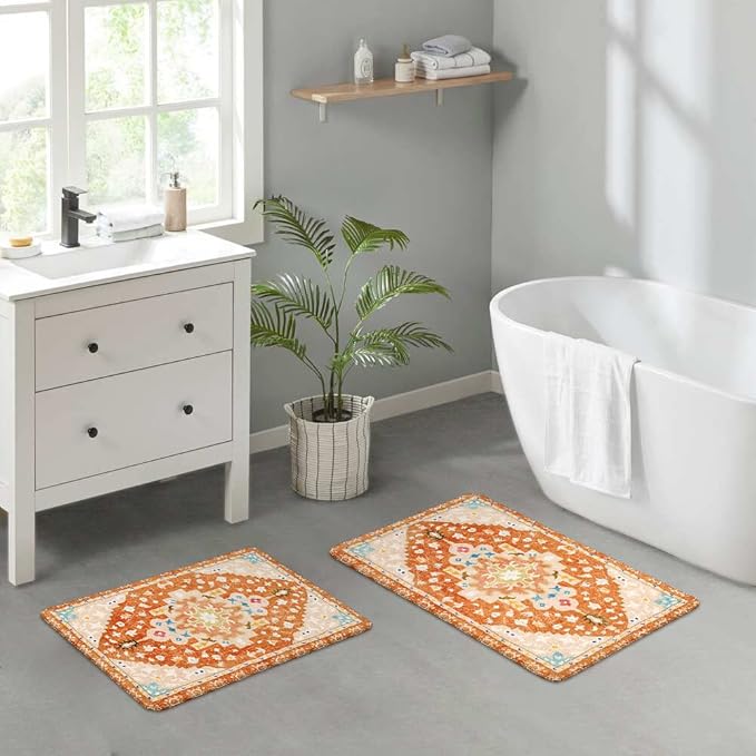 Uphome Boho Tribal Orange Cute Floral Non-Slip Machine Washable Soft Oriental Bath Mats for Sink Shower Doormat Tub, 20x31 inch