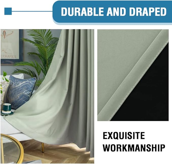 H.VERSAILTEX 100% Blackout Curtains for Bedroom Thermal Insulated Curtains & Drapes Blackout Curtains 84 Inches Long Rod Pocket Curtains for Living Room with Black Liner 2 Panels Set, Light Sage