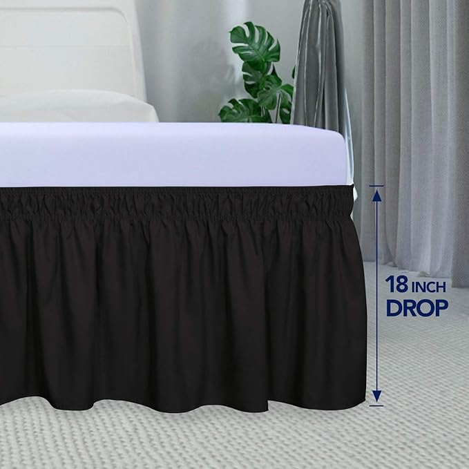 PureFit Wrap Around Ruffled Bed Skirt with Adjustable Elastic Belt - 18 Inch Drop Easy to Put On, Wrinkle Free Bedskirt Dust Ruffles, Bed Frame Cover for Twin, Twin XL and Full Size Beds, Black