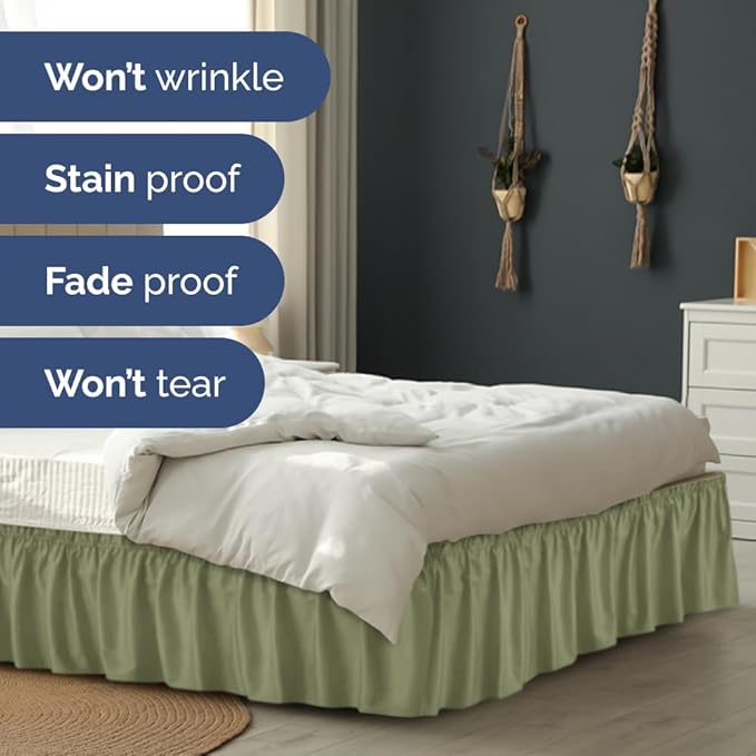Wrap Around Dust Ruffle Bed Skirt - Sage Green - Twin/Twin XL Size Beds with 21 Inch Drop - Elastic Strap - Adjustable Pleated Bedskirt with Brushed Fabric and Wrinkle Free - Women, Men, Kids & Teens