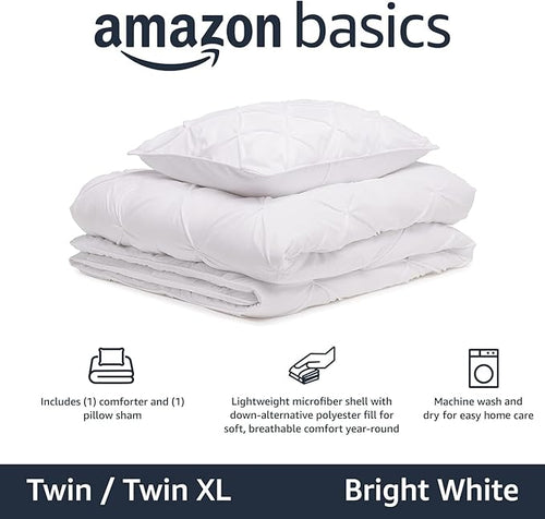 Amazon Basics Soft, Lightweight Twin Size Comforter Sets, All-Season Down-Alternative 2-Piece Bedding Set, Pinch Pleat Design, Twin/TwinXL Size, Bright White