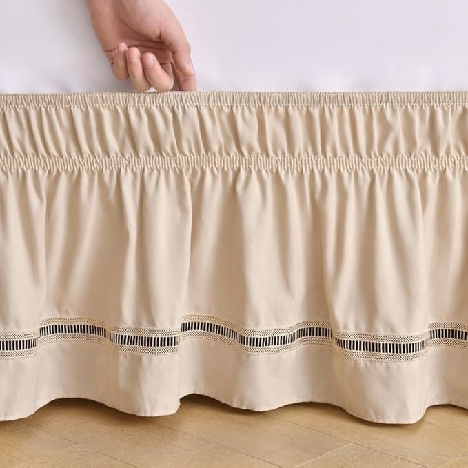 MIYE Wrap Around Ruffled Lace Bed Skirt, Elastic Dust Ruffle with Adjustable Belts, Easy to Put On, Bed Frame Cover, Machine Washable (Ruffled Lace/Beige, King/Queen-15 Drop)