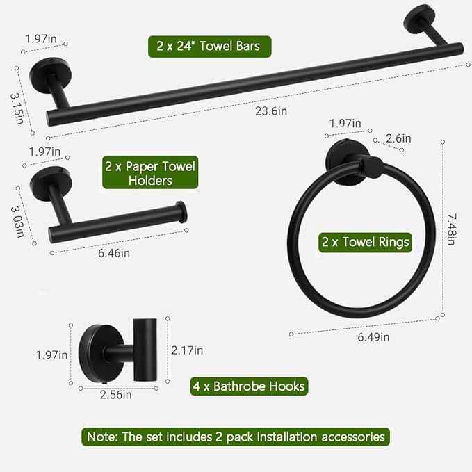 Matte Black Bathroom Towel Bar Set, 10-Piece Stainless Steel Hardware Bathroom Accessories, 24" Towel Racks for Bathroom Walls