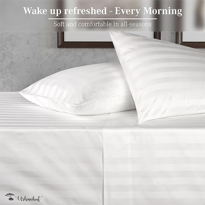 URBANHUT 1000 Thread Count Egyptian Cotton Sheets Damask Striped Full Size, Long Staple Soft & Breathable, 4 Pc Bed Sheet Sets, Luxury Hotel Sateen Sheets Fits 16" Deep Pocket - White