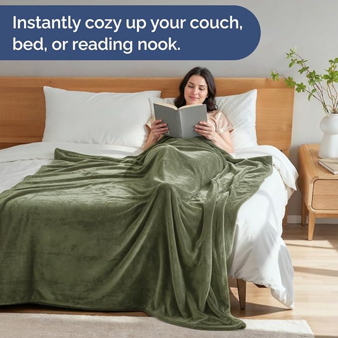 Ultra Soft Fleece Blanket Queen Size - Flannel Fleece Luxury Queen Blanket - Lightweight for Couch Bed Chair - Thick, Warm and Breathable - All Season Cozy Fuzzy, Anti-Static Microplush Bedding, Olive