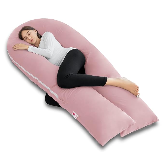 Meiz Pregnancy Pillow, Cooling Silky Pregnancy Pillows for Sleeping, 65" U Shaped Full Body Maternity Pillow for Pregnant Women, with Washable Jersey Cotton Cover, Pink