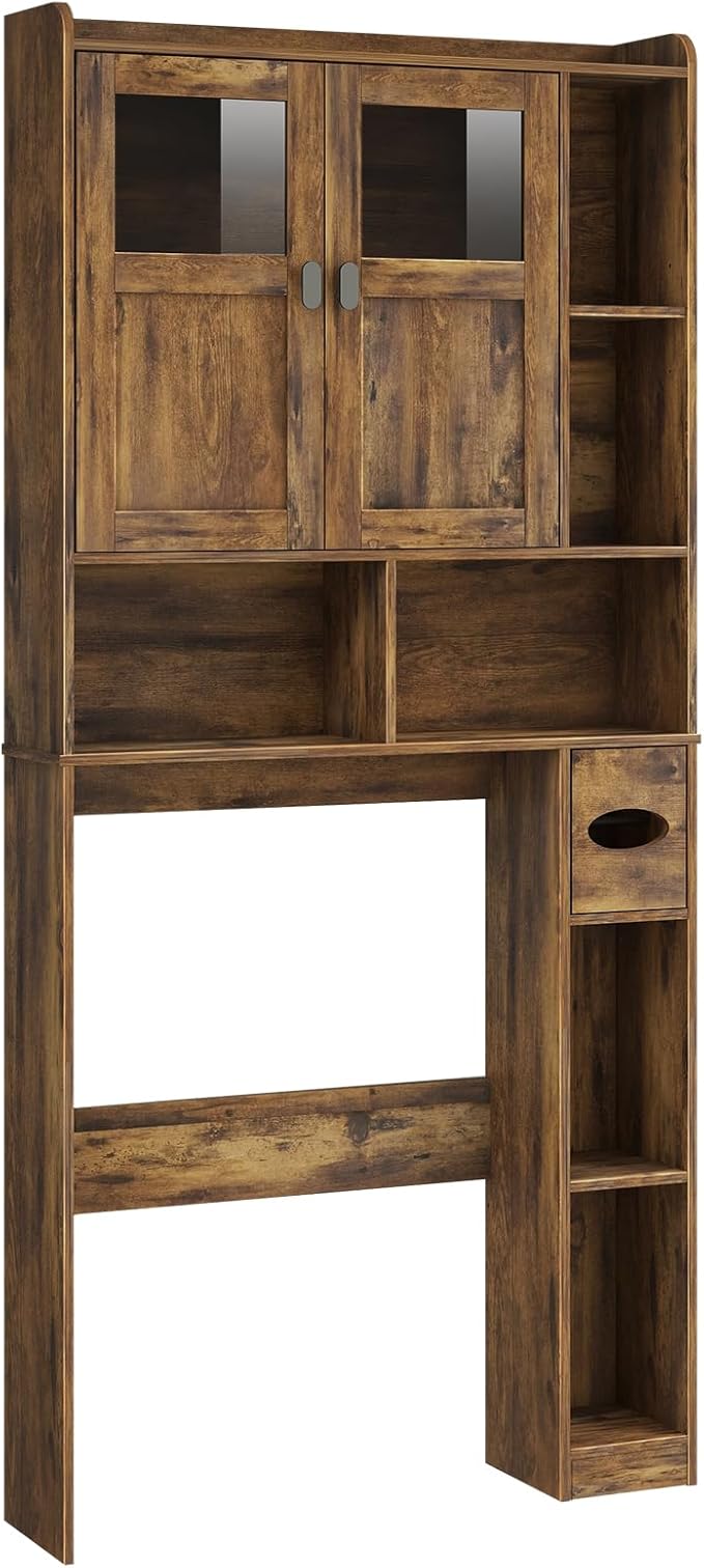 Vabches Over The Toilet Storage Cabinet, Bathroom Shelf Over Toilet with Glass Doors and Adjustable Shelves, Brown Freestanding Home Space Save Toilet Rack, for Restroom, Bathroom, Laundry