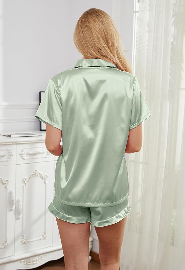 Women's Comfy Satin Pajamas - Soft Button-Up Shirt & Ruffled Adjustable Drawstring Shorts - Elegant Sliky Pjs