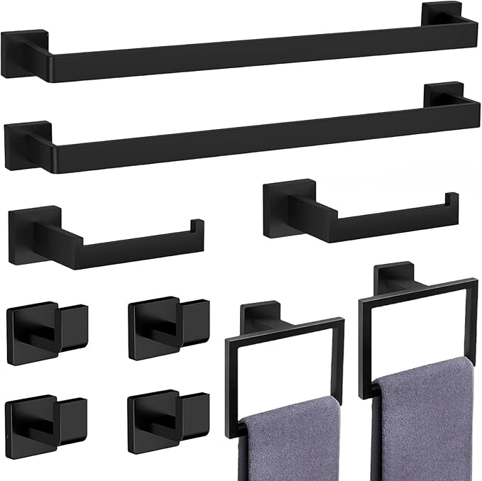 10-Pieces Matte Black Bathroom Accessories Set, Stainless Steel Bathroom Hardware Set, Towel Racks for Bathroom Wall Mounted 24 Inch Bath Towel Bar Set.