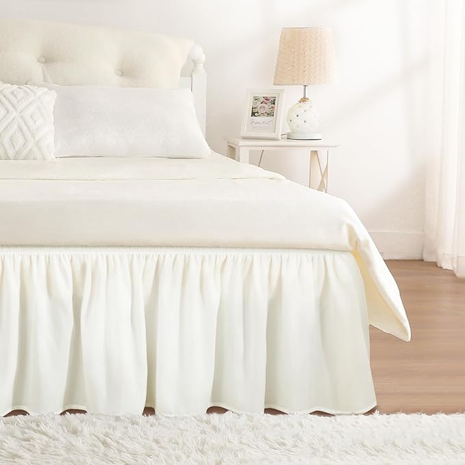 RIMELA Warm White Bed Skirt Queen 25 Inch Drop, Elastic Bed Skirts Queen Size Dust Ruffle, Bedskirt for Adjustable Bed Base, Wrinkle & Fade Resistant Silky Luxurious Fabric Easy to Install