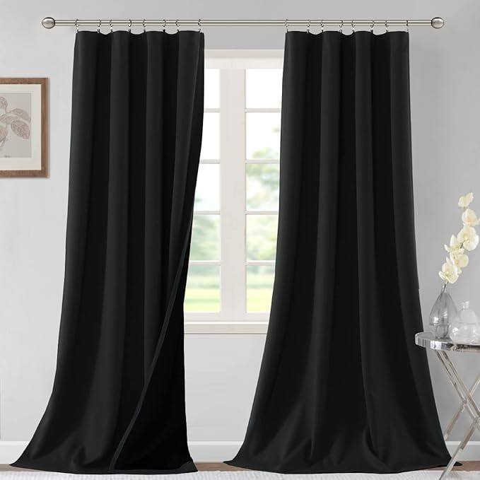 H.VERSAILTEX 100% Blackout Curtains for Bedroom Thermal Insulated Blackout Curtains 96 Inches Long Rod Pocket Window Drapes for Living Room with Black Liner 2 Panels Set, Jet Black