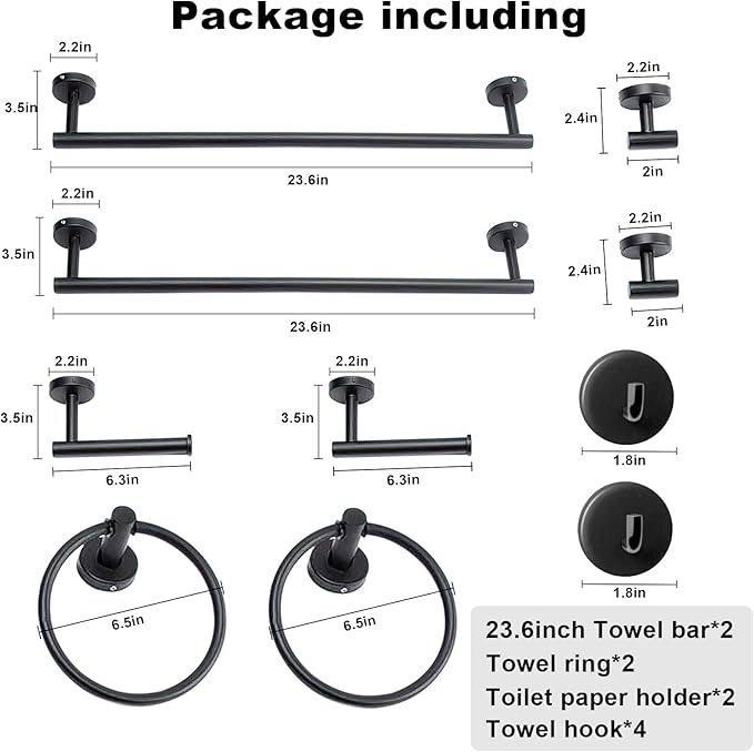 8 Pieces Bathroom Towel Rack Set, Includes 2PCS 23.6 inch Towel bar, 2PCS Towel Hook, 2 PCS Towel Ring, 2PCS Toilet Paper Holder-Matte Black Bathroom Accessories Sets