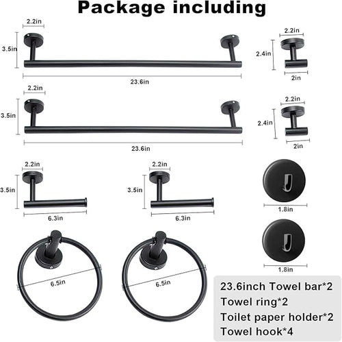 8 Pieces Bathroom Towel Rack Set, Includes 2PCS 23.6 inch Towel bar, 2PCS Towel Hook, 2 PCS Towel Ring, 2PCS Toilet Paper Holder-Matte Black Bathroom Accessories Sets