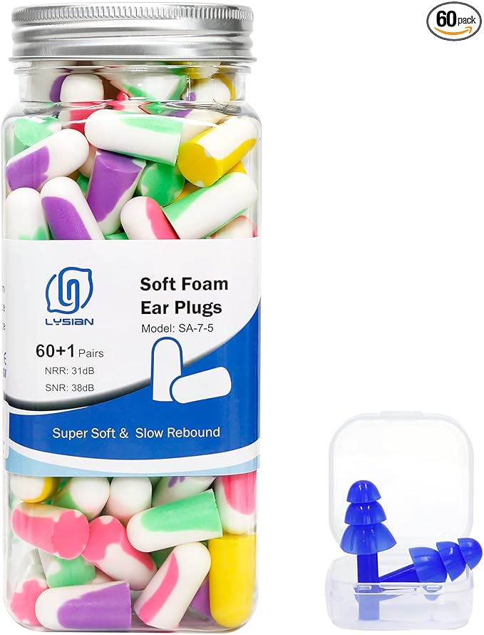 LYSIAN Ultra Soft Foam Earplugs for Sleep- Noise Cancelling Ear Plugs for Sleeping, Shooting,Snoring, Mowing Sound Reduction 38dB- 60 Pairs Multi Color