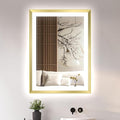 24 X 32 Gold Bathroom LED Mirror – Frontlit & Backlit Vanity Mirror with Antifog & Shatter Proof Tempered Glass, Aluminium Frame Bathroom Mirror, Comes with 3 Colour Lights Option