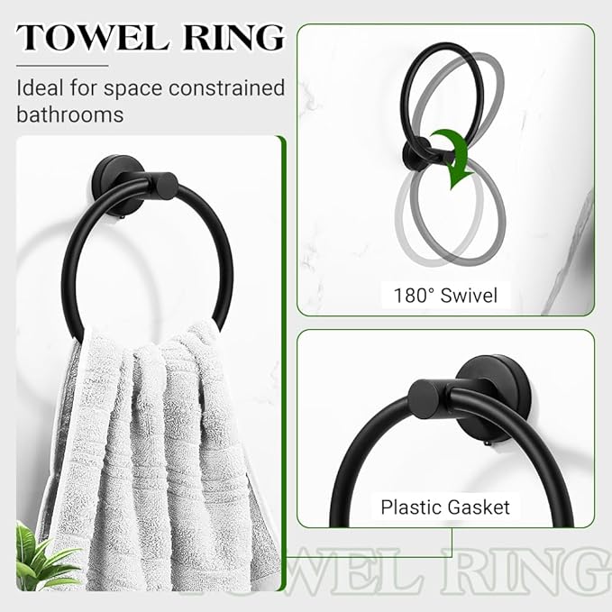 Matte Black Bathroom Towel Bar Set, 5-Piece Stainless Steel Hardware Bathroom Accessories, 16" Towel Racks for Bathroom Walls