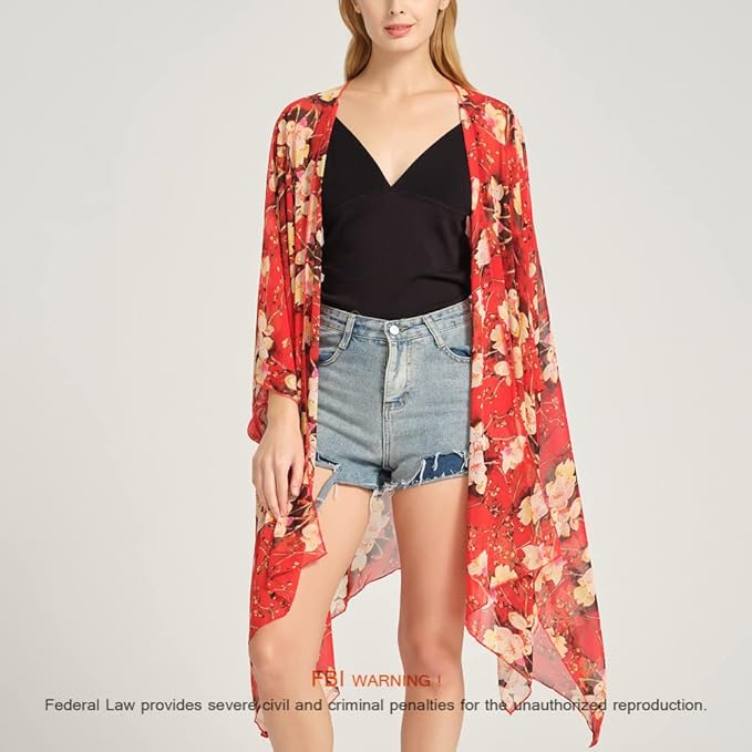 Women's Bohemian Floral Chiffon Beach Cover up Swimsuit Kimono Summer Swimwear Cardigans
