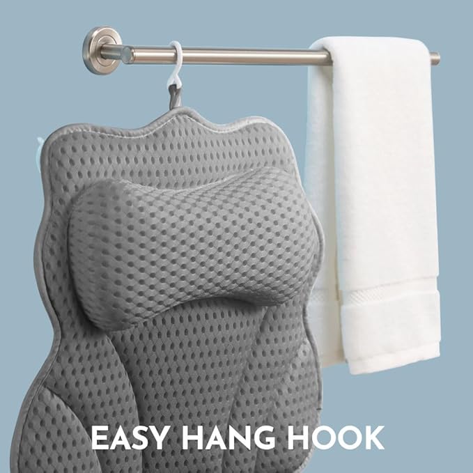 WONDERfoam Thick Padded Ergonomic Bath Pillow for Tub, Bathtub Headrest Neck and Back Support, Strong Suction Cups, Machine Washable Breathable Mesh Quick Dry Pillows, Luxury Spa Accessories, Gray