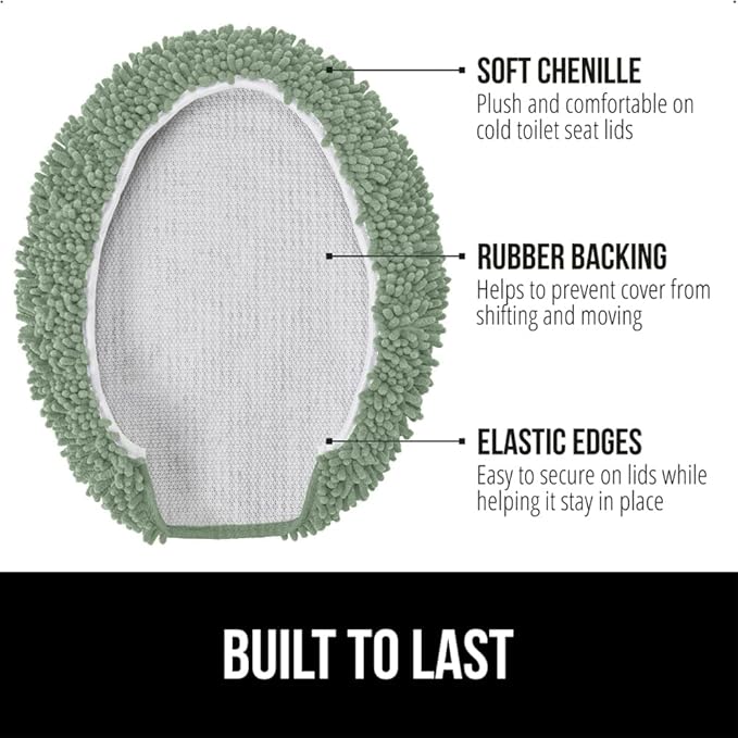 GORILLA GRIP Soft Chenille Bathroom Toilet Lid Cover, Machine Washable Seat Covers, 19.5x18.5, Stays in Place Rubber Backing, Fits Most Round, Elongated and Oblong Lids, Accessories Decor, Sage Green