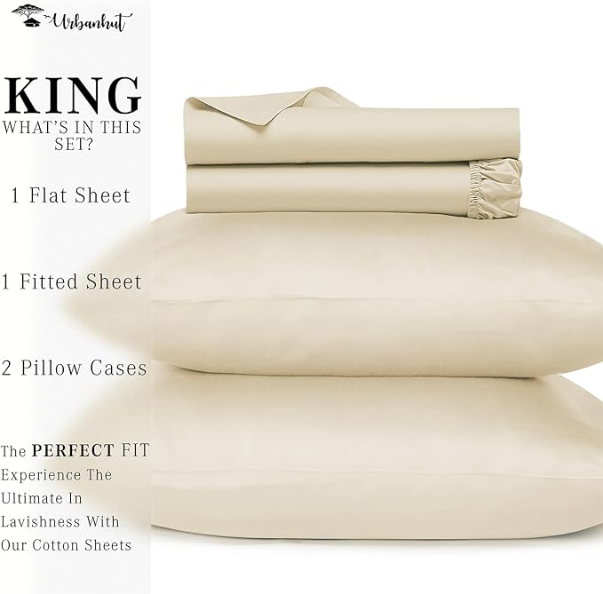 URBANHUT 700 Thread Count King Sheet Set Egyptian Cotton Sheets, 4Pc Sheet Set Soft Luxury Bed Sheets for King Size Bed, Sateen Weave Hotel Sheets, 16'' Elasticized Deep Pocket - Ivory