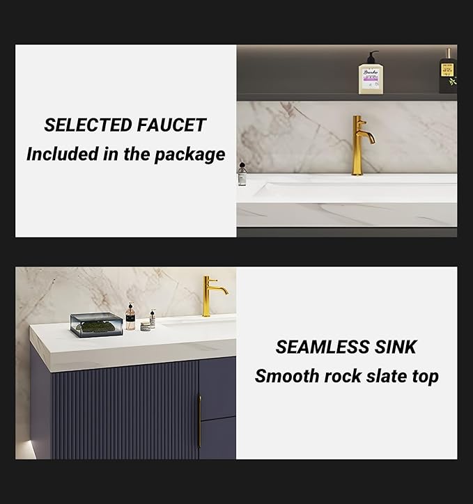 Bathroom Vanity with Double Sink, Modern Bathroom Vanities Compo Includes LED Smart Defogging Mirror Cabinet and Open Shelf, Solid Wood Bathroom Sink Vanity with Slate Countertop (Dark Grey,92")